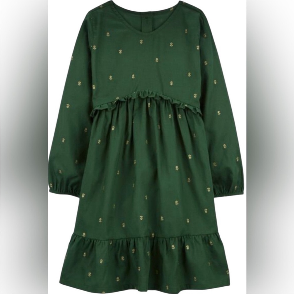 CARTERS UGC Girls Size 12 Green Floral Ruffle Long-Sleeve Dress gold accent